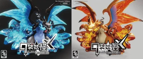 "Exclusive Charizard X Pokemon statue by WanZhiWu Studio, dynamically posed with fierce fiery effects, a premium collectible for dedicated fans."