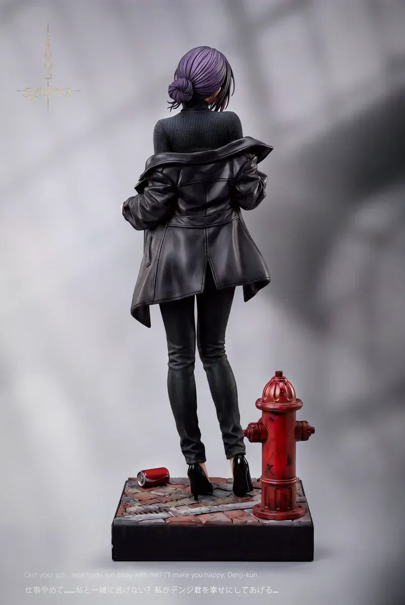 Back view of Reze Chainsaw Man resin statue by Spira Studio, with leather jacket, purple bun, and cobblestone alley base plus fire hydrant.