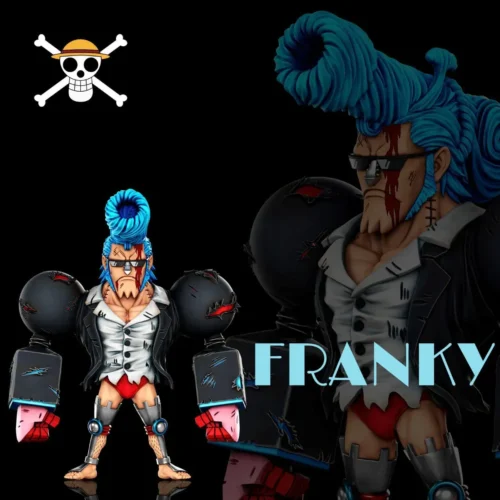 Battle-damaged Dressrosa Franky One Piece figure statue by A+ Studio features a blue pompadour, torn shirt, scarred cybernetic forearms, and blue base