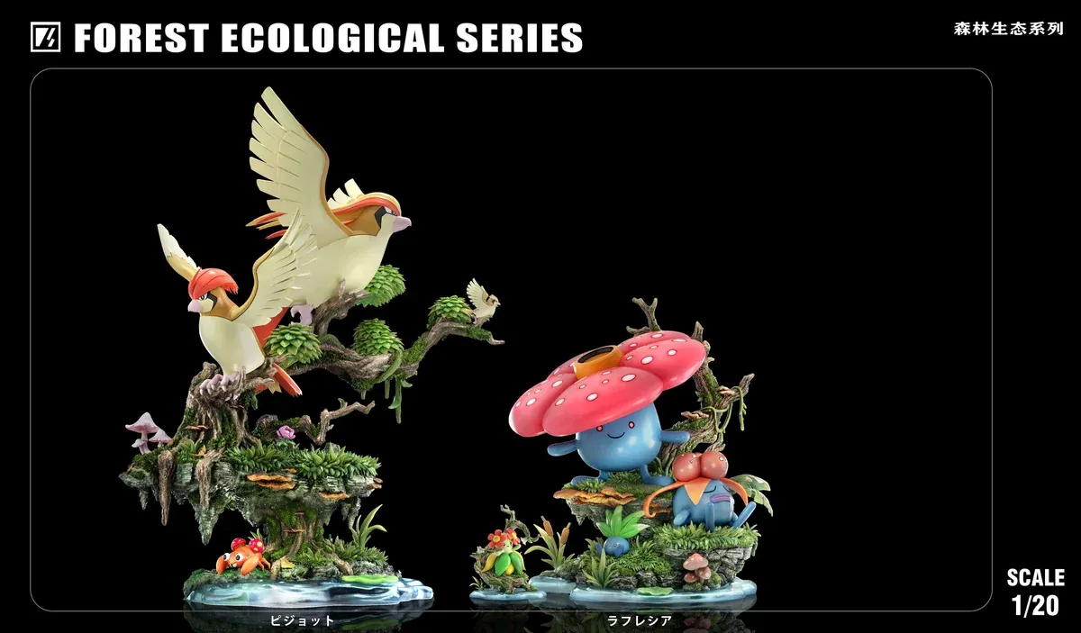 Premium Pidgeot Evolution Pokemon statue by VS Studio, featuring the dynamic original orange color scheme and an ecological diorama base.
