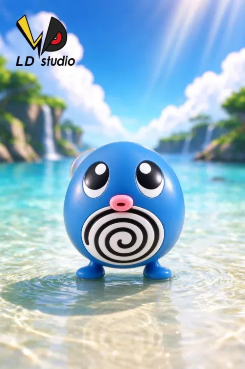"Exclusive handcrafted Poliwag Pokémon figure by LD Studio. Detailed view captures its playful charm in a serene aquatic setting."