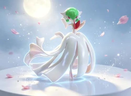 "Exquisite Mega Gardevoir Pokémon statue. Dynamic sculpt, elegant posture, and psychic power details shown from multiple angles."