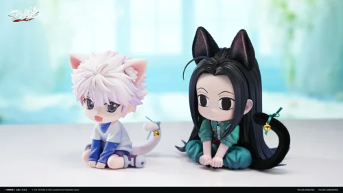 Chibi cat-eared Killua and Illumi resin statue with real flocked ears and tails plus a working bell, sitting side by side in this Killua cat figure."