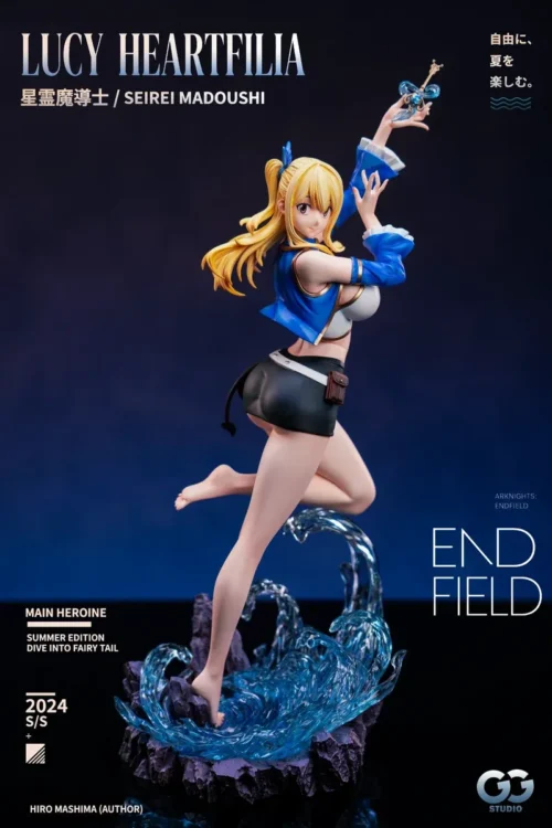 Lucy Heartfilia figure, a Fairy Tail statue, stands on a translucent blue water splash with dynamic water effects and hand-painted detail.