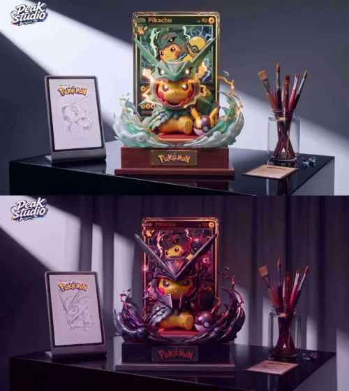 "Premium 1/6 Pikachu Rayquaza LED resin statue by Peak Studio. Dynamic limited edition figure emerging from a Pokemon card with translucent effects."