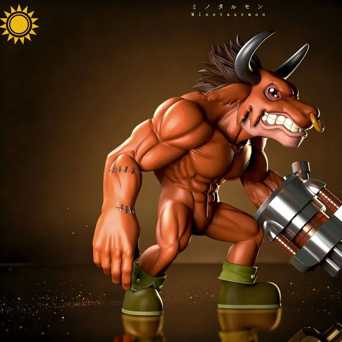 "Highly detailed Minotaurmon Digimon resin statue by Sun Toys Studio, showcasing its powerful pose and intricate armor from various dynamic angles."