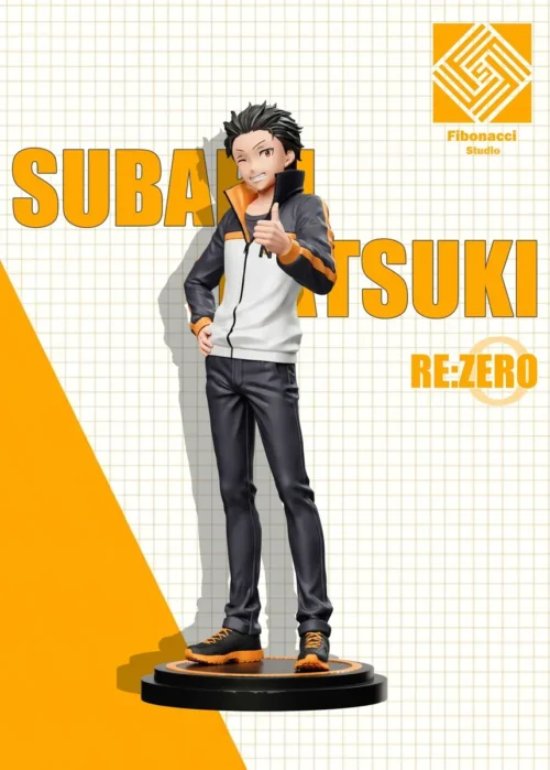 Limited 199-piece 1/6 Natsuki Subaru Re:Zero figure by Fibonacci Studio gives a confident thumbs-up in a white track jacket on a black-orange base.