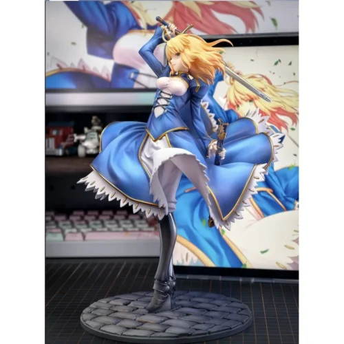 { "alt_text": "Detailed views of the 1/7 Saber Return to Avalon FGO statue. Exquisite sculpting highlights majestic pose, flowing attire."