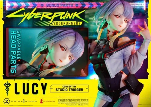 Lucy Cyberpunk Edgerunners statue by Prime 1 Studio with swappable head parts and Studio Trigger concept design in neon Night City style.