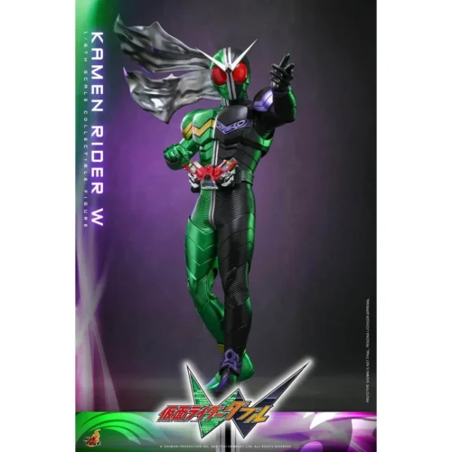 "Hot Toys 1/6 scale Kamen Rider W premium statue with glowing LED eyes, showcasing its dynamic superhero pose and intricate dual-color suit details."