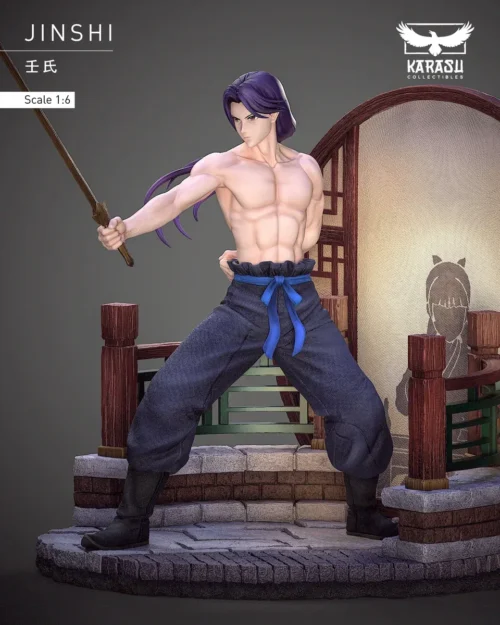 "Close-up of the exquisite Jinshi 1/6 scale figure by KARASU STUDIO, showcasing intricate details of his elegant attire and dynamic pose."