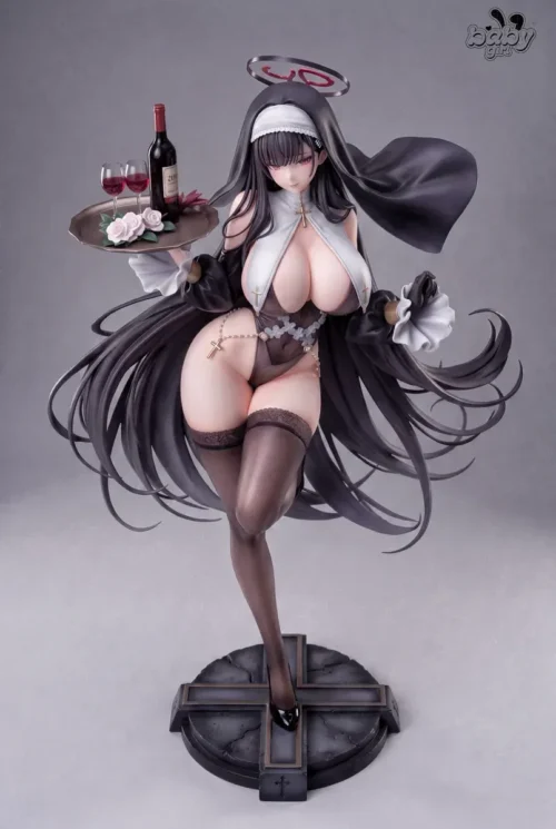 Tsukiyomi Rion figure, Blue Archive nun statue by Baby Girl Studio, holding wine tray with cross halo and gothic cross base.