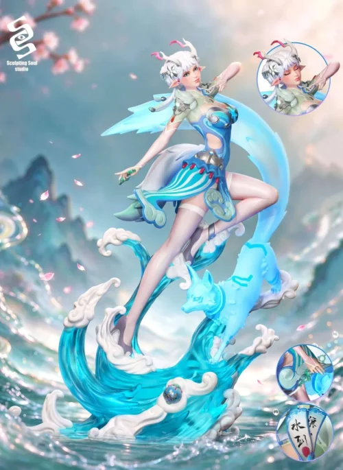 Kiriko Bai Ze 1/6 resin statue from Overwatch with dual head sculpts and an ethereal kitsune amid azure waves and cherry blossoms.