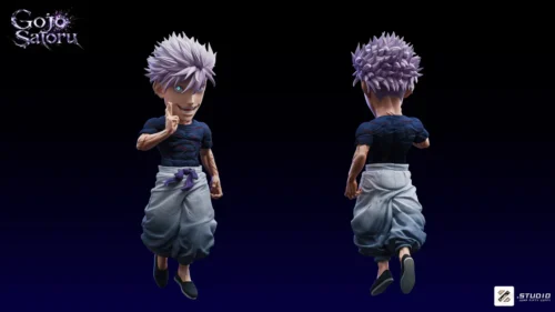 "Premium Zzz Studio Gojo Satoru figure from Jujutsu Kaisen, dynamically invoking Unlimited Void with striking UV-reactive glowing eyes."