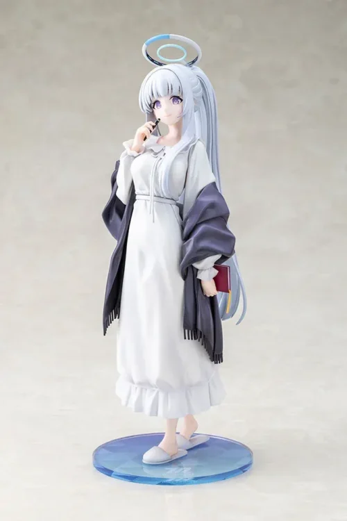 Blue Archive Noa figure by Kotobukiya in a soft white nightgown and indigo shawl, glowing blue halo above her silver hair.