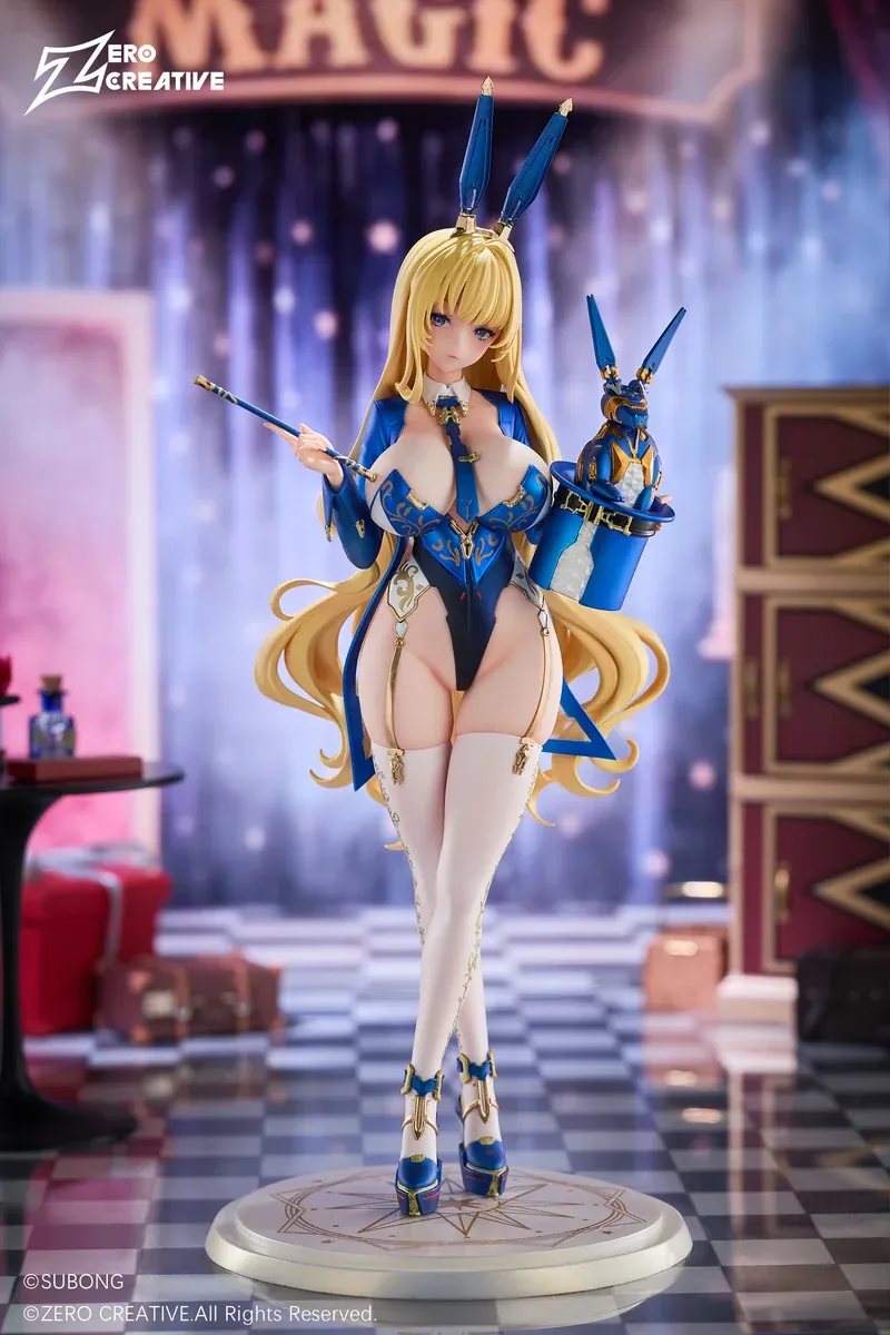 Licensed 1/6 Elise bunny magician figure by Zero Creative Studio on a checkered magic stage with top hat, cards, wand and bonus swap parts.