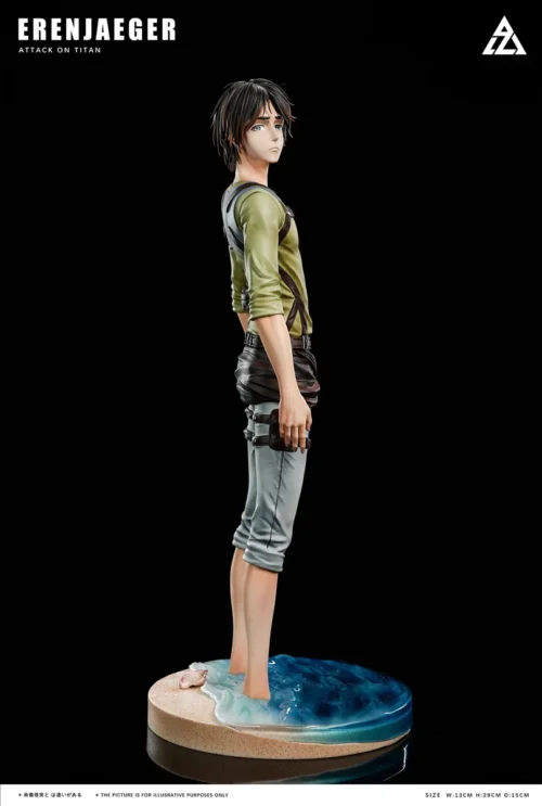 Limited 88-piece Eren Yeager figure by AZ Studio shows the Attack on Titan statue side view in translucent ocean waves with swappable heads and bust.