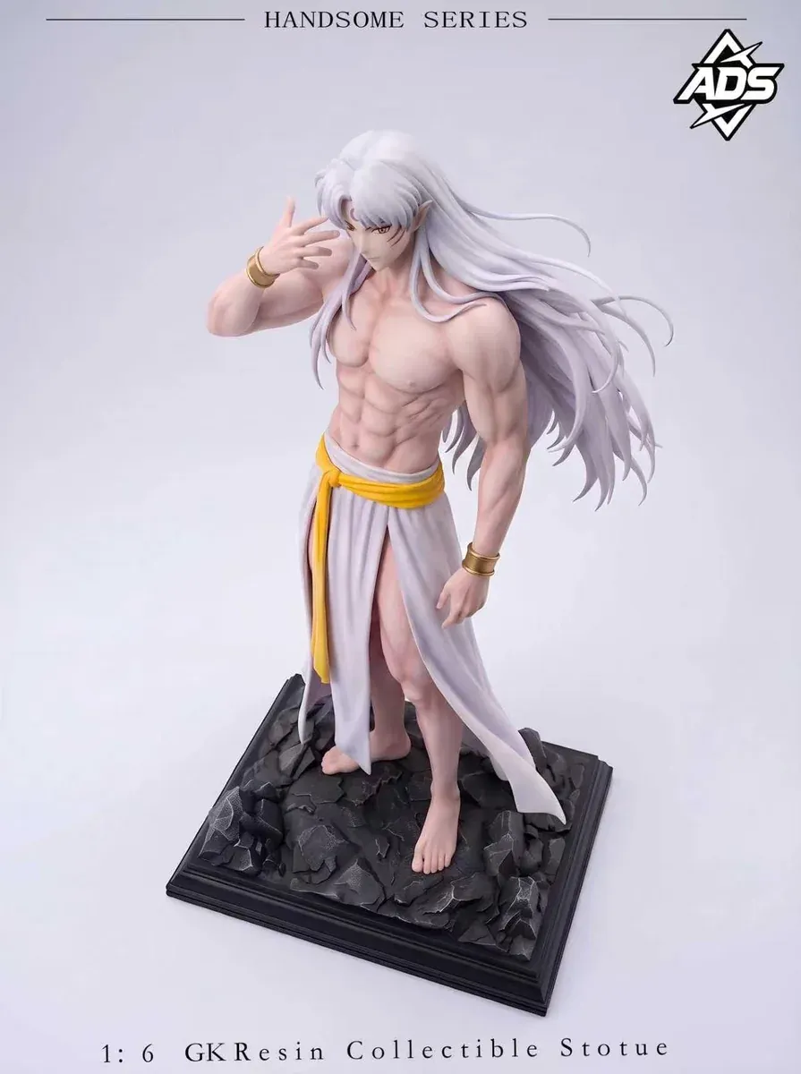 1/6 Sesshomaru resin statue from Inuyasha by ADS Anderson Studio, with silver hair, muscular torso, white slit robe, yellow sash, and rocky base.