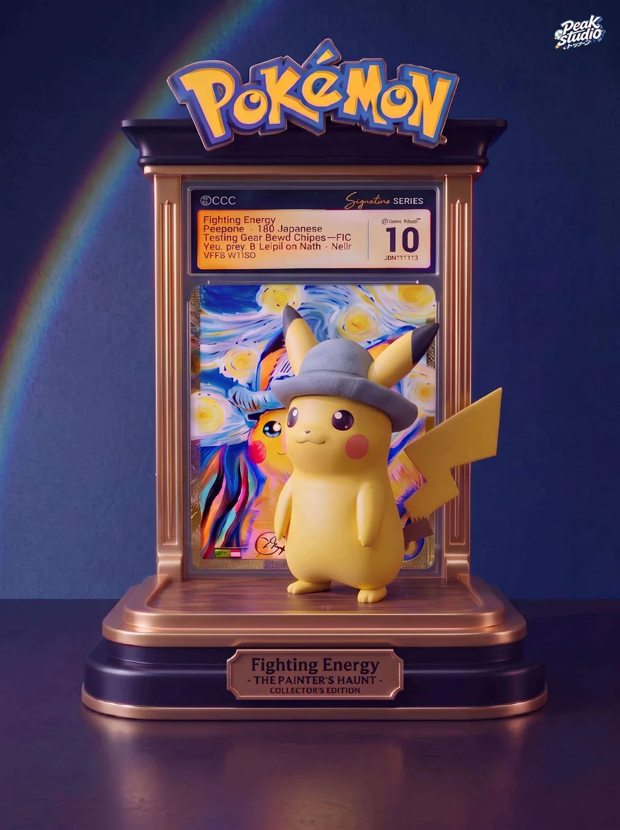 Van Gogh Pikachu figure diorama by Peak Studio shows Pikachu in a gray hat before a Starry Night painting in a gold frame.