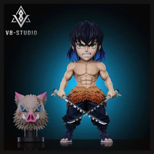 Inosuke Hashibira figure by V8 Studio in a feral dual-sword pose with swappable boar head for this premium Demon Slayer statue.