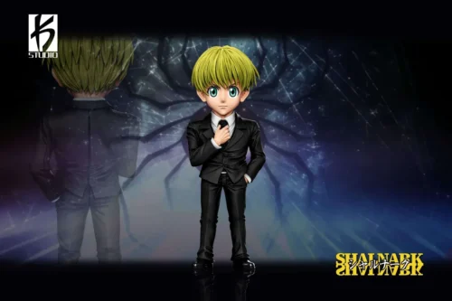 "Premium WCF Shalnark Hunter x Hunter figure by KS STUDIO. This stylized chibi Shalnark wears a crisp suit, holding his phone, a must-have collectible."
