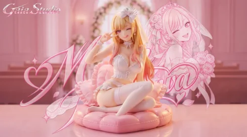 Playful Marin Kitagawa 1/6 figure in pink bridal lingerie with veil, heart accents, and cushioned base, limited to 88 pieces.