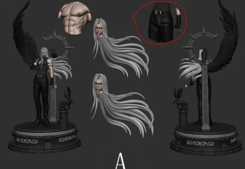 Multi-angle view of the 1/6 Sephiroth figure showcasing his massive black wing diorama, silver hair, and gothic raven pedestal.