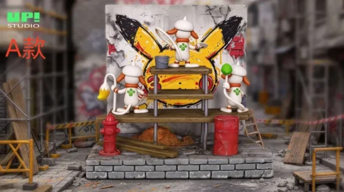 Playful 1/20 Pokemon Smeargle figure diorama shows Smeargle painting a Pikachu graffiti mural on construction scaffolding.