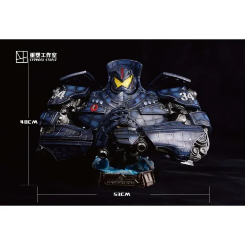 Massive 40cm limited-edition Gipsy Danger bust with weathered blue Jaeger armor, glowing yellow visor, and ocean-wave base.