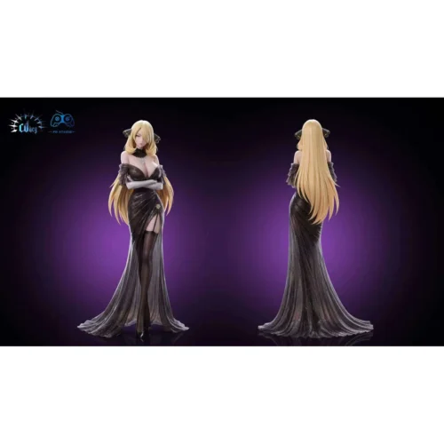 "Elegant 1/6 Cynthia Pokémon statue in evening gown, showcasing dynamic pose and Garchomp details from multiple angles. A premium limited edition."