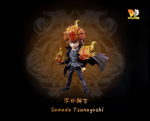 Premium Sawada Tsunayoshi figure from Katekyo Hitman Reborn by DD Studio, featuring Dying Will Flame and Vongola crest in a dramatic cape pose.