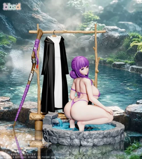 Purple-haired Fern 1/6 figure from Frieren in a bikini kneels in a stone onsen with staff and robe, a limited 50-piece BBSD Studio resin diorama.