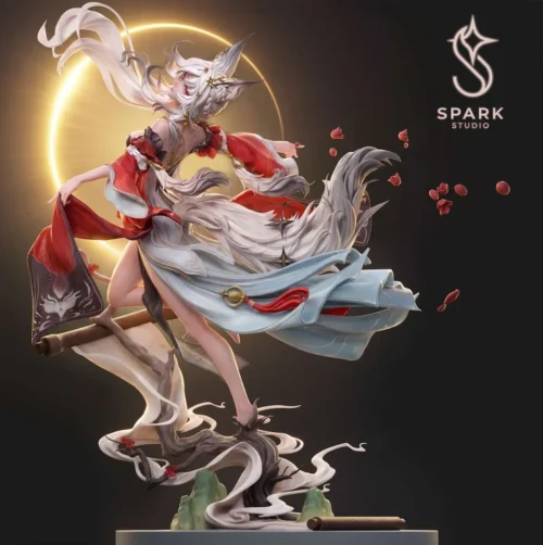 "Exquisite Wuthering Waves Xinyuehu 1/6 resin statue. A premium figure showcasing the ethereal fox spirit in a dynamic pose with intricate details."