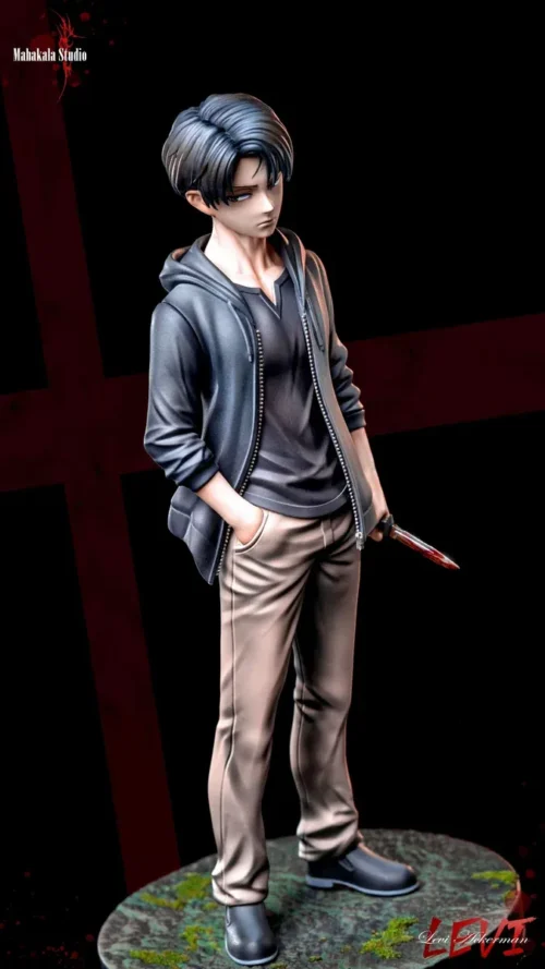 "Ultra-limited 1/6 Childhood Levi Ackerman Attack on Titan statue. Premium Mahakala Studio piece on an intricate, gritty urban base, realistic moss."