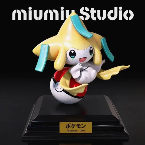 "Limited Edition Miumiu Studio 1/10 Jirachi Pokémon figure, whimsically posed on a clear base, capturing its iconic wish-granting charm."