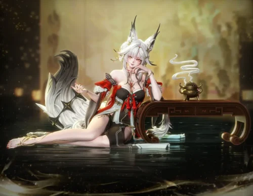 Xinyue Fox Wuthering Waves figure, white-haired fox spirit in red-black outfit with flowing tail diorama and incense table reflection.