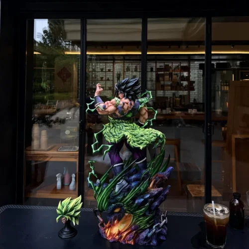 "A dynamic, imposing Broly Recollection Dragon Ball resin statue with captivating LED effects shown from multiple angles, highlighting its detailed."