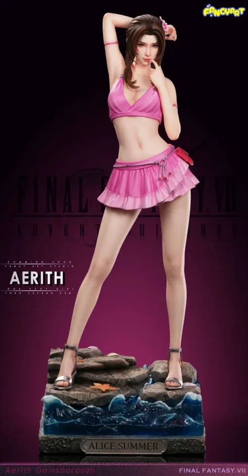 This Aerith bikini figure of Final Fantasy VII stands in a pink two-piece on an ocean wave rock base as a 1/4 scale limited 99-piece resin statue.