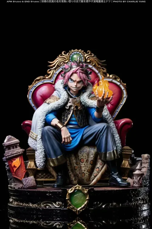 "Dynamic Natsu Dragneel Fairy Tail statue by APM & END Studio, showcasing fiery details and artistic wood frame from multiple angles."
