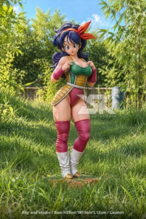 Dragon Ball Launch figure in Saiyan armor poses in a sunlit bamboo grass field, limited to 222 pieces for premium collectors.