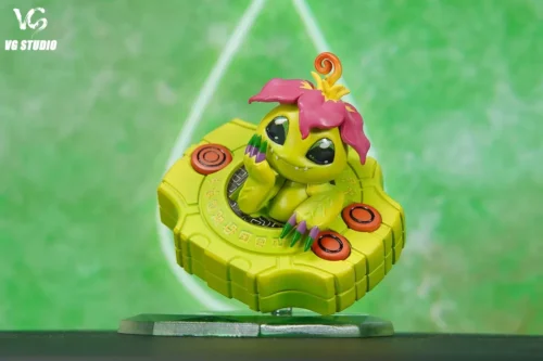 Bright green Palmon Digimon figure by VG Studio nestled in a yellow Digivice base, limited to 68 pieces and ready to delight fans."