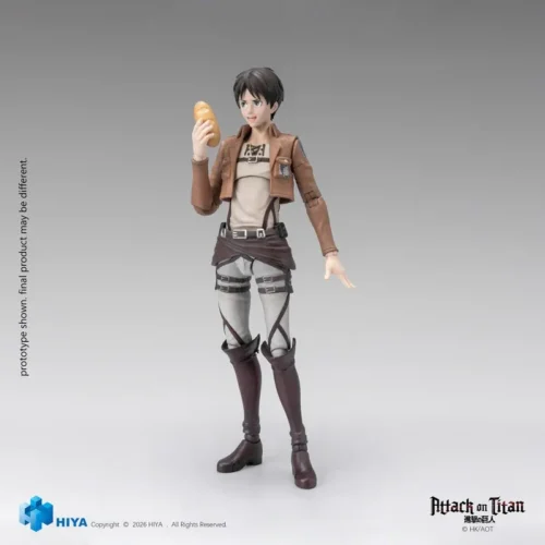 HIYA Studio 1/12 Eren Yeager figure from Attack on Titan, fully articulated with ODM gear, shown in Survey Corps outfit holding bread.