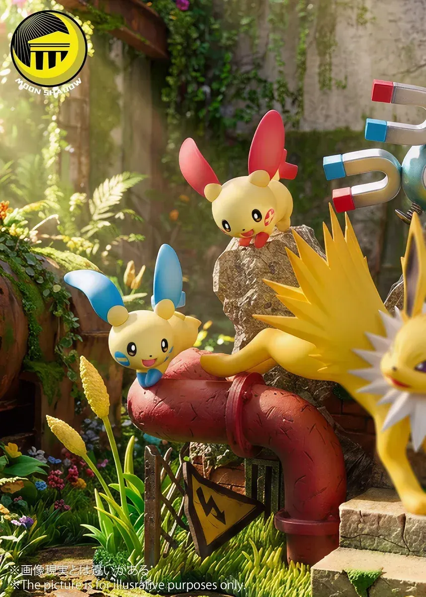 "Gallery of the dynamic Jolteon Pokemon resin statue by Moon Shadow Studio, detailing intricate electric effects and connectable Eevee series."