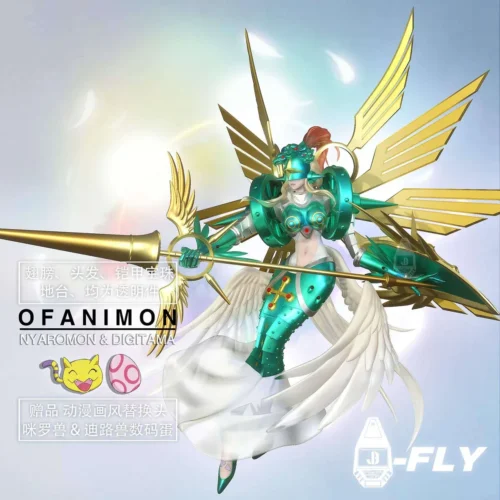 "Multiple angles of the exquisite JBS Studio Ophanimon Digimon resin statue, showcasing its majestic angelic wings and divine aura with intricate."