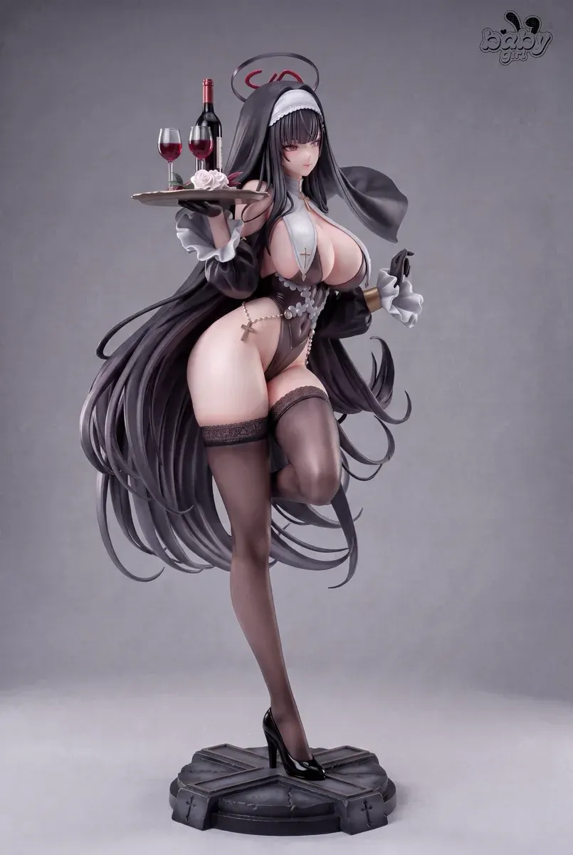 Tsukiyomi Rion figure, a limited dual-scale forbidden nun GK statue by Baby Girl Studio, holding a wine tray with cross halo and long black hair.
