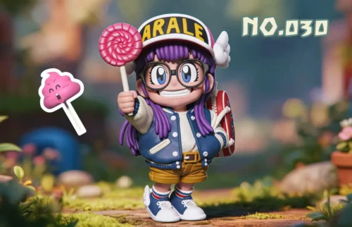 "Iconic Arale figure from Dr. Slump, vibrantly posed with her signature lollipop and unique poop accessory, capturing her playful energy."