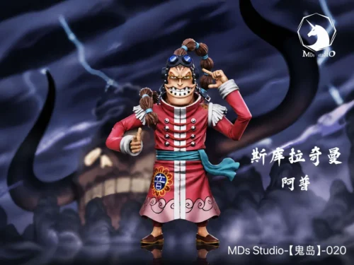 "Scratchmen Apoo Onigashima Showdown One Piece figure. Dynamic pose, musical combat style, and optional DJ base shown from various sculpted angles."
