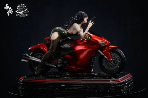 "Limited edition 1/4 Manjusaka Motorcycle statue, showcasing intricate dark fantasy details and ethereal floral motifs from a dynamic perspective."