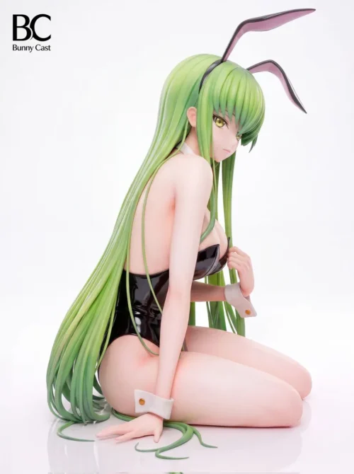 "Premium 1/6 C.C. Bunny Girl Code Geass statue, showcasing intricate details of her sleek black bunny suit and alluring pose from a dynamic angle."