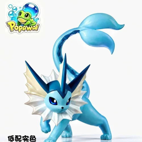 Dynamic 1/20 scale Vaporeon figure statue by Popawa Studio with translucent water-effect resin, splashing pose, and flowing fin tail.